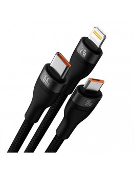 Кабел за зареждане Baseus Flash, 3 в 1, Micro USB, Lightning, Type-C, 66W, 1.2m, Черен - 40492