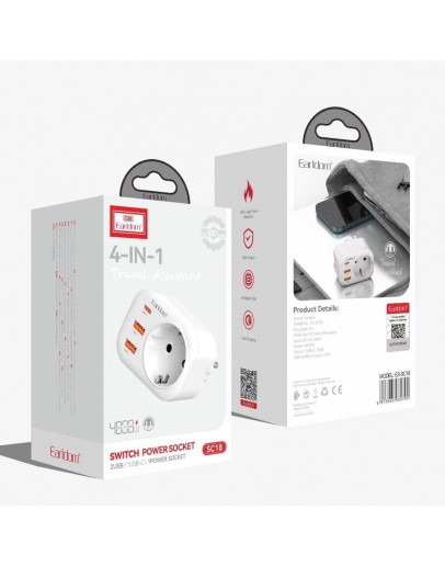 Универсален преходник - зарядно Earldom ES-SC16, 2xUSB, 1xType-C, EU/US/UK/AU към EU, 220V, Бял - 40525