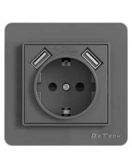 Единичен електрически контакт DeTech DE-6008-78, 2xUSB, 10.5W, 250V/16A, Шуко, За вграждане, IP20, Сив - 75027