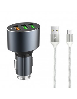 Зарядно устройство за кола, LDNIO C703Q, Quick Charge 3.0, 3xUSB, С Micro USB кабел, Сив - 14752