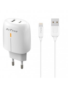 Мрежово зарядно устройство DeTech DE-31i, 20W, С Lightning кабел, 1 x Type-C F, 1 x USB F, PD, QC, Бял - 40320