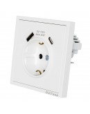 Единичен електрически контакт DeTech DE-9227-80, 1xUSB-А, 1xUSB-C, Шуко, Мат, 16А, 250V, За вграждане, IP20, Бял - 75115