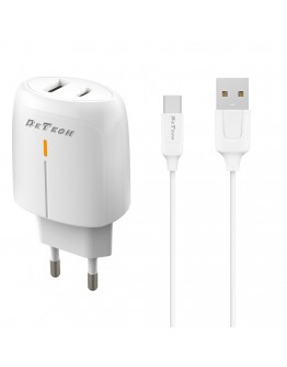 Мрежово зарядно устройство DeTech DE-31C, 20W, С Type-C кабел, 1 x Type-C F, 1 x USB F, PD, QC, Бял - 40321