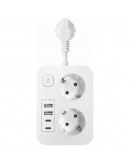 Удължител No brand, 2 гнезда, 250V, 10A, 2 x USB F, 2 x USB-C, С ключ, Бял - 17963