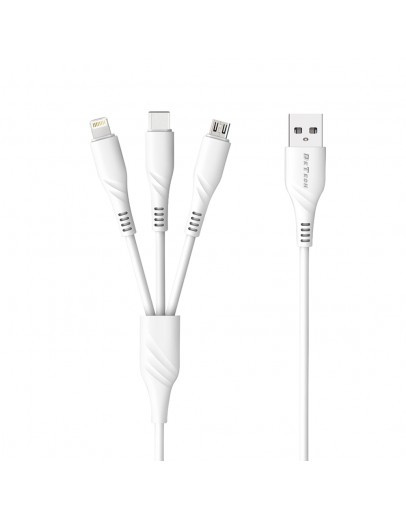 Кабел за зареждане DeTech DE-C40, 3 в 1, Micro USB, Lightning, Type-C, 1.0m, Бял - 40203