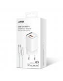 Мрежово зарядно устройство LDNIO A2318M, MFi, 20W, 1 x Type-C F, 1 x USB F, PD, QC, С Кабел Type-C към Lightning, Бял - 40281