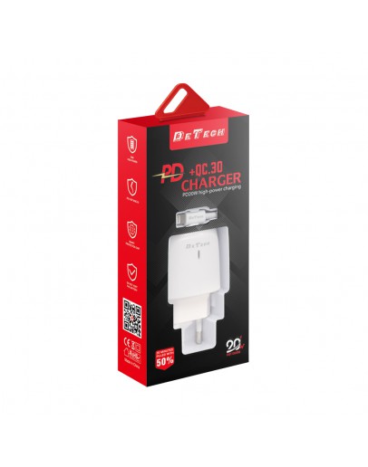 Мрежово зарядно устройство DeTech DE-31PDL, 20W, С Type-C към Lightning кабел, 1 x Type-C F, 1 x USB F, PD, QC, Бял - 40323