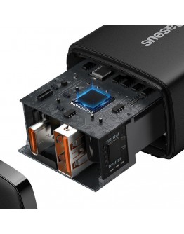 Мрежово зарядно устройство Baseus Compact, 20W, 1 x Type-C F, 1 x USB F, Черен - 40415