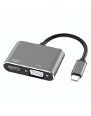 Преходник DeTech, 2в1, USB-C – HDMI+VGA, 4K, 30Hz, 3D, Сив - 17842