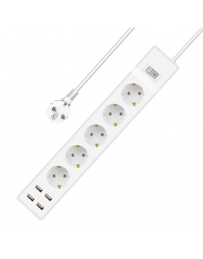 Удължител No brand, 5 гнезда, 250V, 16A, Кабел, 1.5m, 4 x USB F, С ключ, Бял - 17889