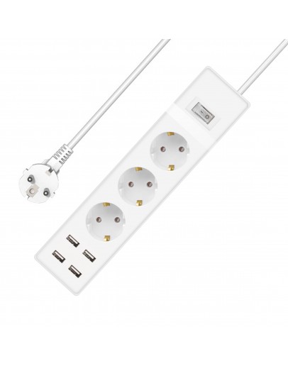 Удължител No brand, 3 гнезда, 250V, 16A, Кабел, 1.5m, 4 x USB F, С ключ, Бял - 17885