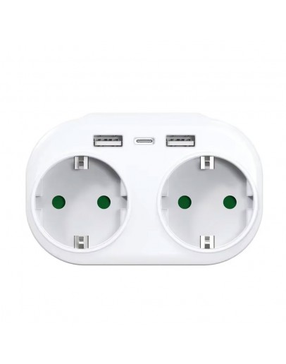 Удължител No brand, 2 гнезда, 250V, 16A, Без кабел, 2 x USB F, 1 х USB-C, Бял - 17891